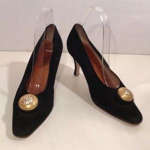 Black Suede Italian Heels Gold & Rhinestone Accent
